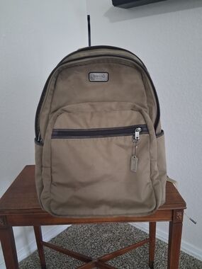 Coach Men's Khaki Backpack with Leather Trim Some Small Water Marks On Trim